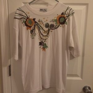 Embroidered Embellished White Shirt Sz L Peacock